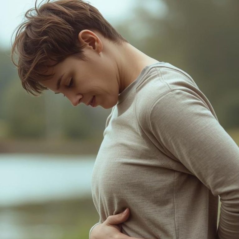 Frau mit kurzem Haar, die nachdenklich an ihrem Bauch steht, vor einer natürlichen Kulisse.