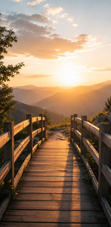 Physiotherapie mit Empathie Holzstelle mit Geländer, Sonnenuntergang über Hügeln und Bergen.