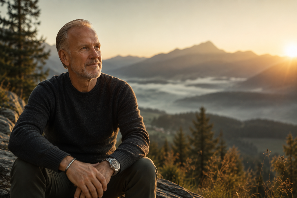 Mann sitzt in der Natur, blickt auf Berge im Sonnenuntergang mit Nebel im Tal.