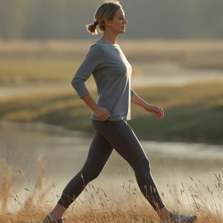 Frau mit hellgrauem Shirt und Leggings geht entlang eines ruhigen Gewässers.