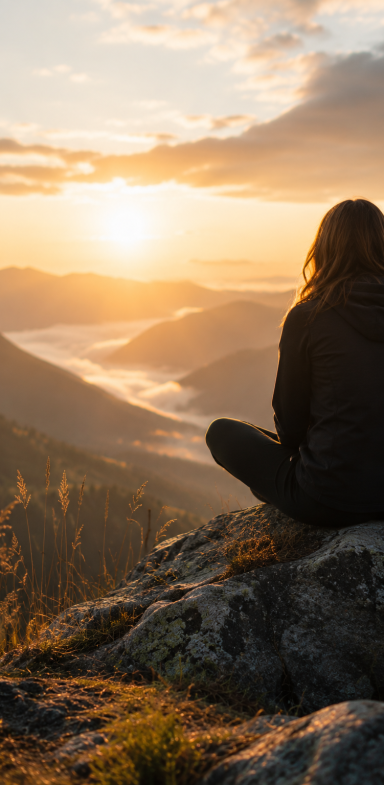 Medical Coach | Physiotherapie München & Stanzach Person sitzt auf einem Felsen und betrachtet eine Sonnenuntergangslandschaft.